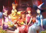  ai-chan_(precure) aida_mana animal_ears bed bell blue_hair bow brown_hair dokidoki!_precure group halloween hat headband hishikawa_rikka kenzaki_makoto long_hair madoka_aguri pantyhose pink_eyes pink_hair precure pumpkin red_eyes red_hair short_hair toromi_chuuka witch yotsuba_alice 