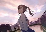  brown_eyes brown_hair building clouds morifumi original ponytail seifuku skirt sky 