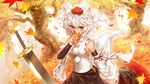  animal_ears autumn bobomaster hat inubashiri_momiji leaves orange_eyes short_hair skirt sword tail touhou tree weapon white_hair wolfgirl 