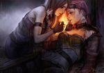  2girls blood brown_hair caitlyn cigarette fire goggles league_of_legends pink_hair rain signed smoking tattoo vi_(league_of_legends) water zuqling 