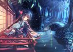  black_hair brown_eyes building fan flowers houraisan_kaguya japanese_clothes long_hair orita_enpitsu touhou water 