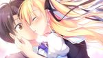  alcot blonde_hair blush chibana_ryouka game_cg kimi_no_tonari_de_koishiteru! kiss long_hair motomiya_mitsuki ribbons seifuku 