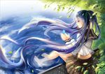  barefoot blue_eyes blue_hair butterfly hatsune_miku leaves long_hair seifuku twintails vocaloid water yeluno_meng 