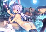  animal_ears ass barefoot black_hair breasts bunny_ears bunnygirl drink hat houraisan_kaguya inaba_tewi long_hair moon night onsen orita_enpitsu panties purple_eyes purple_hair reisen_udongein_inaba sake shameimaru_aya short_hair sideboob stars striped_panties thighhighs topless touhou towel underwear water 