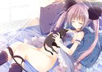  animal bed cat inugami_kira long_hair navel nopan open_shirt pink_hair sleeping twintails 