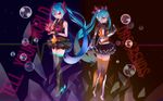  2girls bakanoe blue_eyes blue_hair bubbles hatsune_miku long_hair odds_&amp;_ends_(vocaloid) purple_eyes skirt tell_your_world_(vocaloid) thighhighs twintails vocaloid wristwear 