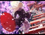  blonde_hair blue_eyes cherry_blossoms hanayamata hannah_n._fountainstand japanese_clothes long_hair moon nine_(liuyuhao1992) ribbons socks torii umbrella 