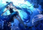  animal barefoot blue_eyes blue_hair bubbles deep-sea_girl_(vocaloid) dress fish hatsune_miku long_hair nine_(liuyuhao1992) twintails underwater vocaloid water 
