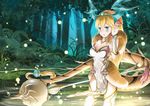  aqua_eyes blonde_hair brianchan.t.w choker forest long_hair puzzle_&amp;_dragons sakuya_(p&amp;d) staff tail thighhighs tree water weapon 