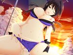  bikini black_hair breasts brown_eyes censored clothed_sex from_below game_cg iizuki_tasuku izumi_wakoto long_hair lovely_x_cation_2 nipples purple_bikini sex spread_legs sunset swimsuit 