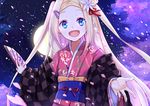  blonde_hair blue_eyes fan fang hanayamata hannah_n._fountainstand hao_(patinnko) japanese_clothes kimono long_hair petals 