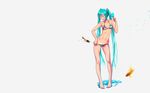  animal aqua_hair barefoot bikini blue_eyes fish hatsune_miku long_hair navel popsicle swimsuit takouji tan_lines twintails vocaloid 