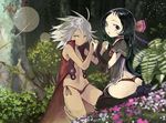  2girls black_hair dark_skin flowers forest goiro_(doukutsuwa) navel original thighhighs tree white_hair 