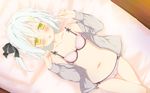  astralair_no_shiroki_towa bed blush bra favorite game_cg hotaru_rinne open_shirt panties shida_kazuhiro short_hair underwear white_hair yellow_eyes 