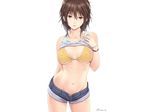  bikini_top breasts brown_eyes brown_hair kanden_suki navel original shirt_lift short_hair shorts signed underwear white wristwear 