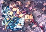  2girls aqua_hair blue_eyes bow brown_hair capura_lin dress eternal_phantasia fang garter_belt gloves hat horns long_hair original pointed_ears ponytail red_eyes sideboob tail thighhighs wings wink witch_hat 