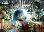  animal bird blue_eyes blue_hair cage hatsune_miku leaves long_hair sa&#039;yuki twintails vocaloid 