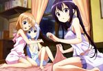  animal bed blue_eyes blue_hair blush brown_hair gochuumon_wa_usagi_desu_ka? hoto_kokoa hug kafuu_chino long_hair megami pajamas purple_eyes purple_hair scan short_hair tedeza_rize toya_kento twintails wink 