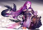  animal armor bird dress long_hair original purple_eyes purple_hair sword weapon yasumikei 