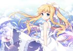  air blonde_hair blue_eyes dress feathers kamio_misuzu long_hair mauve ponytail sky tears 