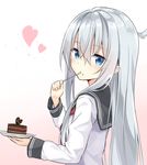  absurdres azuuru blue_eyes cake chocolate_cake commentary food heart hibiki_(kantai_collection) highres kantai_collection long_hair looking_at_viewer looking_back school_uniform serafuku silver_hair solo spoon spoon_in_mouth upper_body valentine 
