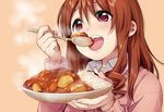  brown_background brown_hair curry eating food highres kawai_makoto koufuku_graffiti long_hair machiko_ryou official_art open_mouth solo 