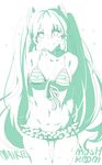  absurdres arms_behind_back artist_name bad_id bad_pixiv_id bikini breasts covered_nipples front-tie_top green groin hatsune_miku highres long_hair marie_mushroom monochrome navel small_breasts smile solo striped striped_bikini striped_bikini_top sweat swimsuit twintails vocaloid 