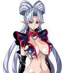  akagi_towa black_gloves breasts covered_nipples earrings elbow_gloves expressionless gloves go!_princess_precure highres jewelry large_breasts long_hair looking_at_viewer pointy_ears precure quad_tails raisuta red_eyes shiny shiny_skin silver_hair solo torn_clothes twilight_(go!_princess_precure) white_background 