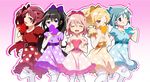  :d ;) akemi_homura alternate_costume alternate_hairstyle belt black_hair blonde_hair blue_eyes blue_hair bow closed_eyes dress grin hair_bow heart kaname_madoka mahou_shoujo_madoka_magica mesushirindaa miki_sayaka multiple_girls one_eye_closed open_mouth pink_hair ponytail purple_eyes red_eyes red_hair sakura_kyouko smile thighhighs tomoe_mami valentine yellow_eyes zettai_ryouiki 