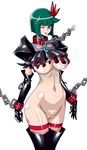  bdsm black_gloves black_legwear blue_eyes bondage bound breasts chain cowboy_shot dark_precure elbow_gloves frills gloves green_hair heartcatch_precure! highres large_breasts looking_at_viewer navel no_panties one_eye_closed precure puffy_sleeves pussy raisuta shiny shiny_skin short_hair solo standing thighhighs underboob white_background 