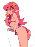  ass bikini bracelet eyebrows flower hair_flower hair_ornament horn jewelry long_hair looking_at_viewer metata one_eye_closed original pointy_ears red_hair red_skin side-tie_bikini slit_pupils smile solo swimsuit thick_eyebrows yellow_eyes 