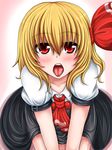  blonde_hair highres looking_at_viewer open_mouth pov red_eyes ribbon rumia sitting solo suikyou_(aqua_cities) tongue touhou 