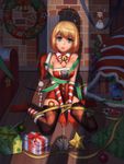  absurdres alice_margatroid bad_id bad_pixiv_id bell bell_collar blonde_hair blue_eyes box christmas christmas_tree collar du_mogu duster flying_sweatdrops fur_trim gift gift_box gloves hat highres looking_at_viewer merry_christmas messy_hair on_floor parted_lips ribbon santa_hat shadow shanghai_doll solo striped striped_gloves sweatdrop thighhighs touhou wooden_floor wreath 