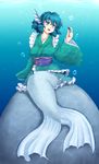  blue_eyes blue_hair bubble drill_hair head_fins isaki_(gomi) japanese_clothes kimono long_sleeves mermaid monster_girl obi open_mouth sash smile solo touhou underwater wakasagihime wide_sleeves 