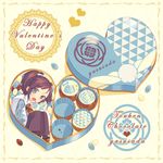  bitikara black_hair blue_eyes bow box box_of_chocolates candy character_name chocolate food food_on_face hair_bow hakama happy_valentine heart-shaped_box in_box in_container japanese_clothes jelly_bean male_focus open_mouth ponytail scarf solo touken_ranbu valentine yamato-no-kami_yasusada 