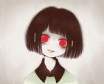  brown_hair chara_(undertale) collar collared_shirt commentary crazy_eyes eleanor_(ohmyeleanor) evil_smile flower_in_mouth head_tilt looking_at_viewer parted_lips red_eyes shirt smile solo spoilers striped striped_sweater sweater teeth undertale upper_body 