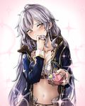  ahoge blush braid breasts cleavage collarbone covering_mouth geppewi granblue_fantasy hair_in_mouth light_particles long_hair looking_to_the_side medium_breasts midriff navel nose_blush shy silva_(granblue_fantasy) silver_hair solo sparkle twin_braids valentine very_long_hair wavy_mouth yellow_eyes 