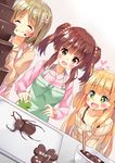  apron asa_no_ha blonde_hair brown_eyes brown_hair chocolate chocolate_making closed_eyes green_eyes highres idolmaster idolmaster_cinderella_girls jougasaki_rika long_hair mimura_kanako mixing_bowl multiple_girls ogata_chieri short_hair valentine 