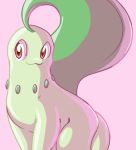  2013 ambiguous_gender chikorita digital_drawing_(artwork) digital_media_(artwork) feral green_body leaf looking_aside nintendo peegeray pink_background pok&eacute;mon pok&eacute;mon_(species) red_eyes simple_background smile solo video_games 