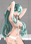  absurdres adjusting_hair aqua_eyes aqua_hair bad_id bad_pixiv_id breasts convenient_censoring hatsune_miku highres large_breasts long_hair looking_at_viewer marie_mushroom mouth_hold navel sketch solo striped striped_background twintails vocaloid 