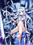  android barefoot cable hair_intakes highres long_hair looking_at_viewer machinery missing_limb navel original purple_eyes silver_hair sitting soles solo songmil 