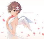  angel_wings bad_id bad_pixiv_id bare_shoulders blurry bow brown_hair choker collarbone dress english from_side grey_eyes hair_bow happy_valentine heart holding looking_at_viewer mouth_hold nagu red_bow simple_background smile solo tsurime upper_body valentine white_background white_dress white_wings wings 