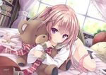  bed candy naked_shirt original panty_pull pink_hair purple_eyes ryo socks teddy_bear 