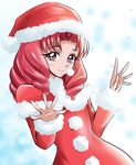  akagi_towa arudebido christmas coat go!_princess_precure hat highres long_hair looking_at_viewer pom_pom_(clothes) precure red_eyes red_hair red_hat santa_hat smile solo 
