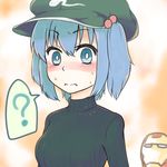  ? blue_eyes blue_hair blush hair_bobbles hair_ornament hat highres iron_man kaibu222 kawashiro_nitori long_sleeves looking_at_viewer nose_blush ribbed_sweater short_hair solo surprised sweat sweater touhou turtleneck twintails two_side_up upper_body 
