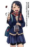  774_(nanashi) :d asymmetrical_bangs bag bangs bike_shorts black_hair blush box brown_eyes chocolate commentary cowboy_shot eyebrows eyebrows_visible_through_hair flick gift gift_box hair_ornament hairclip half-closed_eyes handbag ijiranaide_nagatoro-san long_hair looking_at_viewer nagatoro open_mouth pleated_skirt scarf shorts shorts_under_skirt simple_background skirt smile smug solo translated valentine white_background 