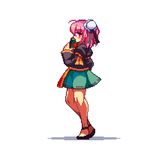  animated animated_gif bandaged_arm bandages bare_legs blush box bun_cover chinese_clothes double_bun finger_wagging flower gift gift_box ibaraki_kasen long_sleeves looking_at_viewer migel_futoshi open_mouth pink_eyes pink_flower pink_hair pink_rose pixel_art rose scolding short_hair simple_background smile solo tabard thighs touhou valentine white_background 