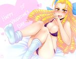  antenna_hair blonde_hair blush bow bra breasts cleavage drill_hair feet gloves hair_bow hair_pulled_back heart kanzuki_karin lace lace-trimmed_bra lace-trimmed_panties large_breasts long_hair open_mouth panties purple_bra purple_panties ringlets socks solo spewing_mews street_fighter text_focus toes underwear underwear_only valentine yellow_eyes 