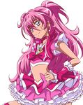  absurdres alternate_hairstyle arudebido blue_eyes bow brooch choker cowboy_shot crop_top cure_melody earrings frilled_skirt frills hair_down highres houjou_hibiki jewelry long_hair looking_at_viewer magical_girl pink_bow pink_choker pink_hair pink_skirt precure skirt smile solo suite_precure white_background wrist_cuffs 