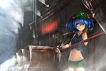  bare_shoulders blue_eyes blue_hair brown_gloves can collarbone factory gears gloves groin hachidori_tou hair_bobbles hair_ornament hand_up hat highres industrial kawashiro_nitori leaking midriff navel sewer shorts smoke solo steam sweat tank_top touhou twintails two_side_up valve water 